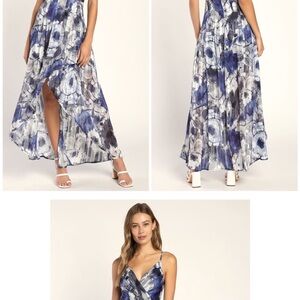 Blue and White Floral Maxi Dress with Asymmetrical Hem
